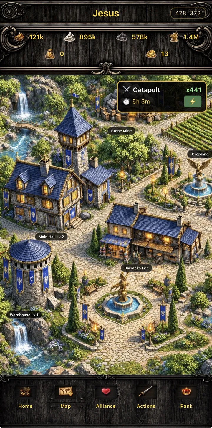An alliance city: blue-roofed halls, fountains and waterfalls, a Main Hall, Barracks and Warehouse, resource counts and 441 catapults in training