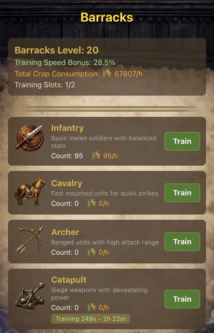 The Barracks at level 20: training speed bonus, total crop consumption, and Infantry, Cavalry, Archer and Catapult with Train buttons, 249 catapults in training