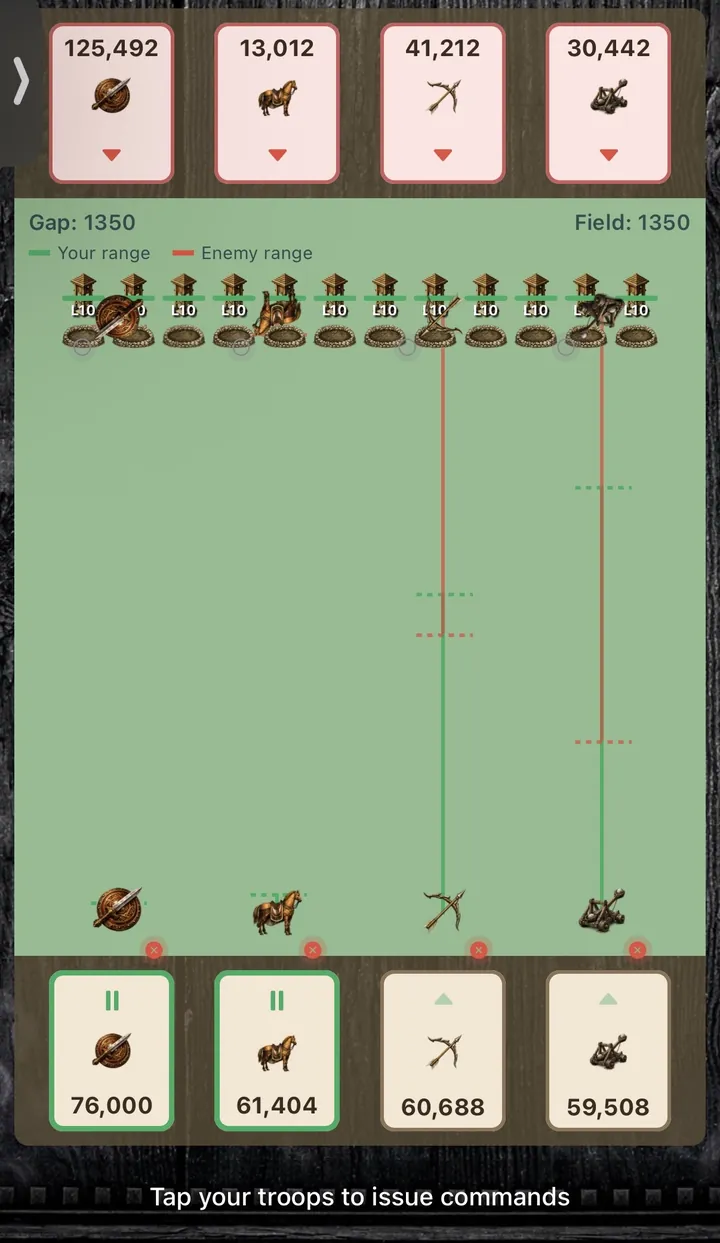 The battle screen against a level 4 castle: enemy troop counts and a row of turrets at the top, your infantry, cavalry, archers and catapults at the bottom with their orders, and range lines between them