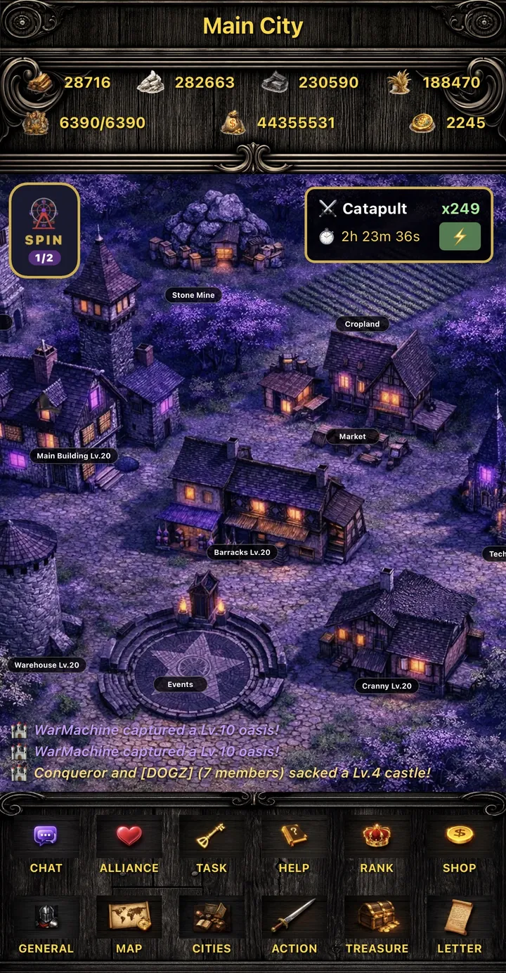 The Main City screen at night: resource counts, labelled buildings such as the Main Building, Barracks and Market, a catapult training timer, and news of other players capturing oases and sacking a castle