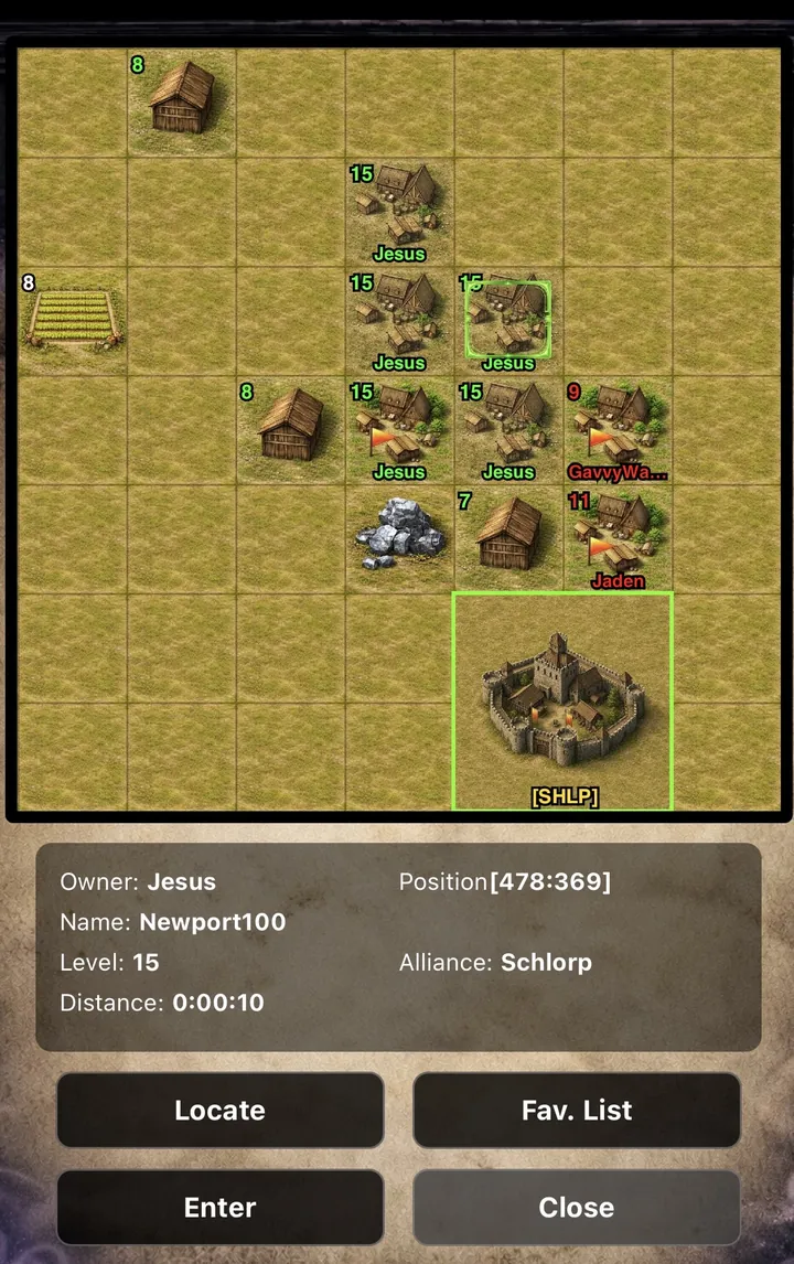 The world map: a grid of tiles with player cities, forts, an oasis, a stone deposit and a walled alliance city, above a panel showing the selected city’s owner, level, position and alliance