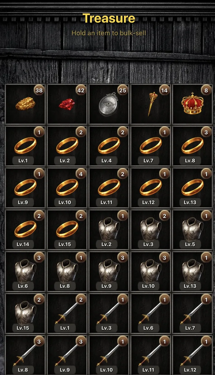 The Treasure screen: nuggets, gems, medals, scepters and crowns, then rings, armor and swords from level 1 to level 15